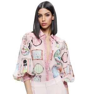 Alice + Olivia Blouse Tiffie Stace Face Drama Sleeve 100% Cotton Pink Medium